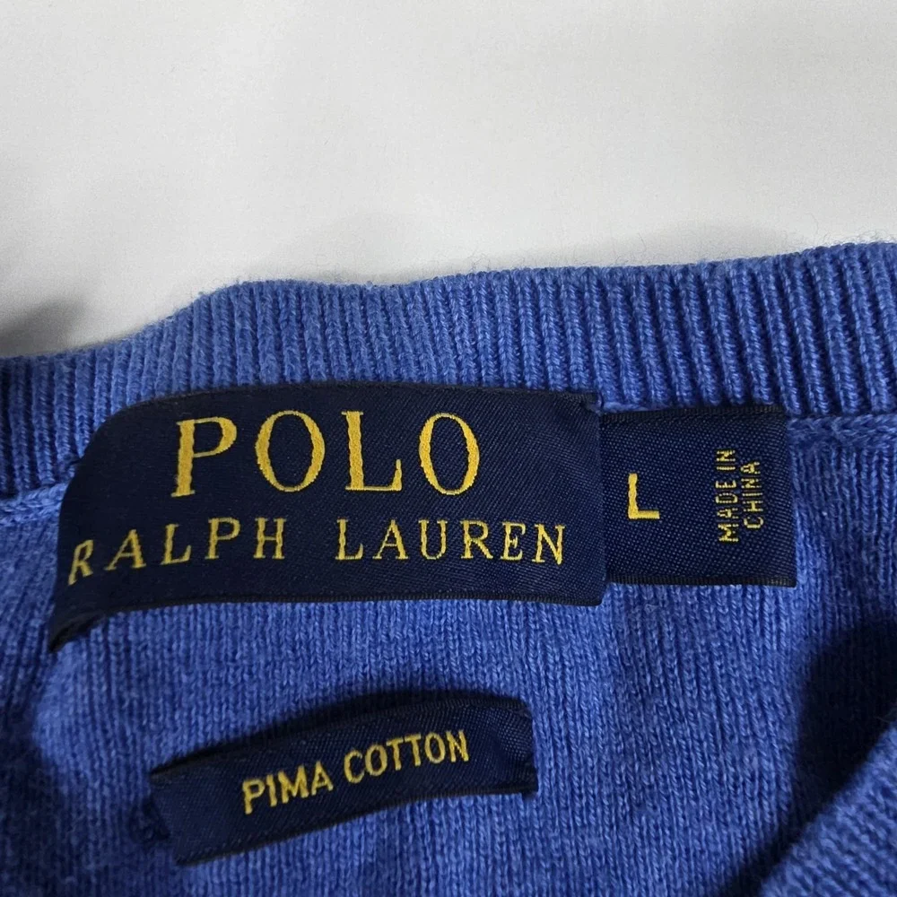 Polo Ralph Lauren Men's Large Pima Cotton V-Neck‎ Knit Sweater Blue Pony Golf